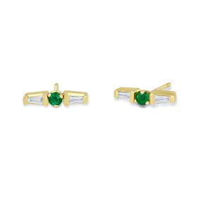 14k Emerald & Tapered Baguette Diamonds Stud Earrings - SALE