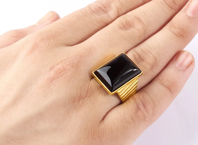 14k Yellow Gold Men's Statement Ring with Black Onyx Stone