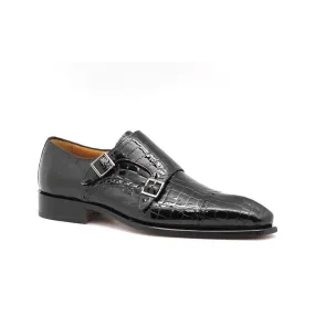 Ambrogio 40420-A147 Men's Shoes Black Corodile Print Patent Leather Monk-Straps Loafers (AMBX1012)