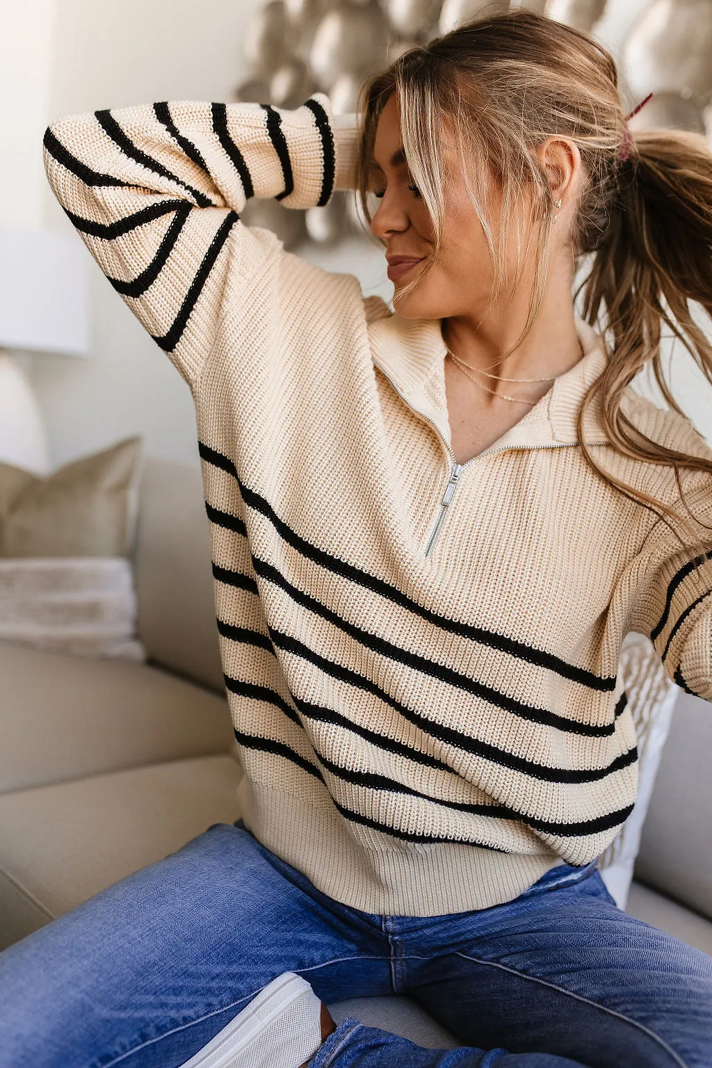 Ampersand Avenue - HalfZip Sweater Cream & Black Stripe