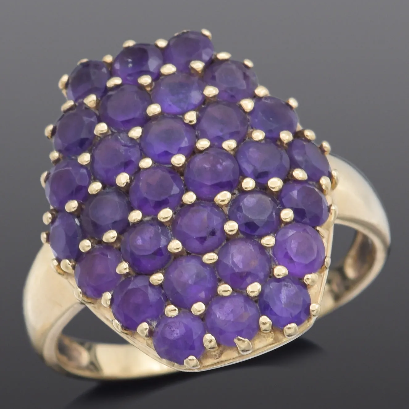 Estate 10K Yellow Gold Amethyst Cluster Cocktail Ring Size 8.5