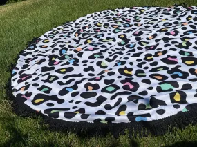 {FUN RAINBOW LEOPARD} Round Beach Towel with Fringe