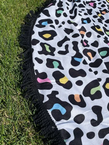 {FUN RAINBOW LEOPARD} Round Beach Towel with Fringe