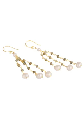 Gold Dangle Earrings with Pearl and Labradorite Beaded Drops