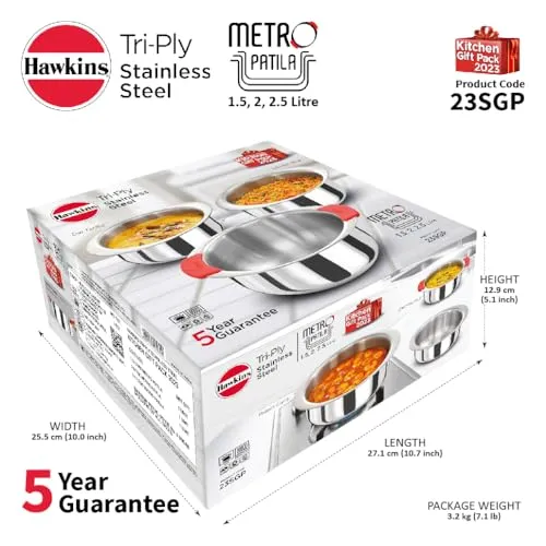 Hawkins Kitchen Gift Pack 2023 (23SGP) 3 Pieces Set of 1.5 Litre, 2 Litre and 2.5 Litre Triply Stainless Steel Patila, Tope, Bhagona, Tapeli, Saucepans