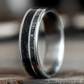 (In-Stock) The Midnight Barrel | Men's Whiskey Barrel, Meteorite Dust, & Titanium Wedding Band - Size 10.75 | 7mm Wide