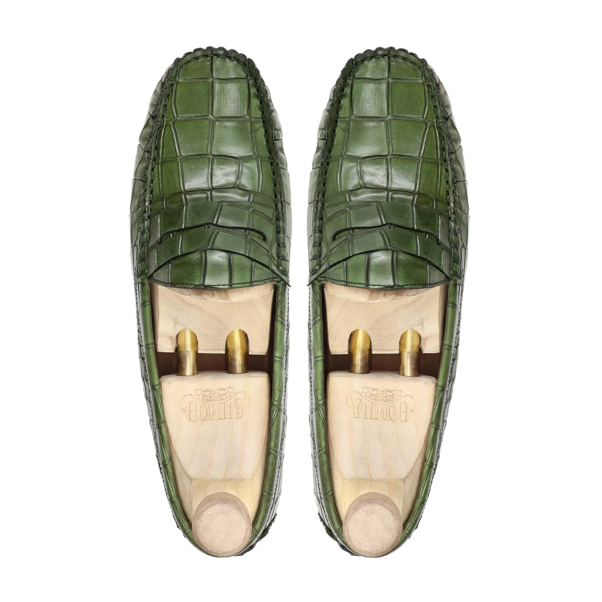 Kobe - Men's Green Crocodile Printed Calf Leather Driver Shoe