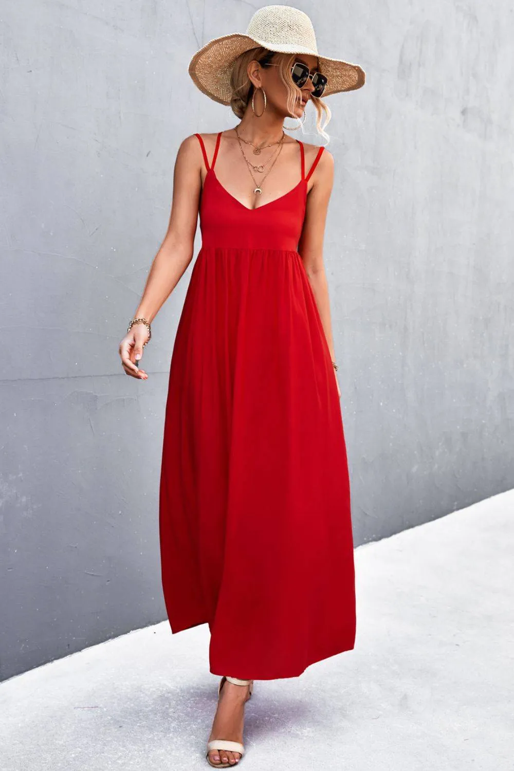 Red Double-Strap Crisscross Maxi Dress