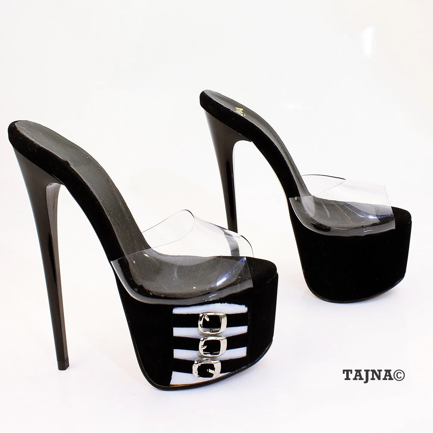 Transparent Black White High Heel Platform Mules