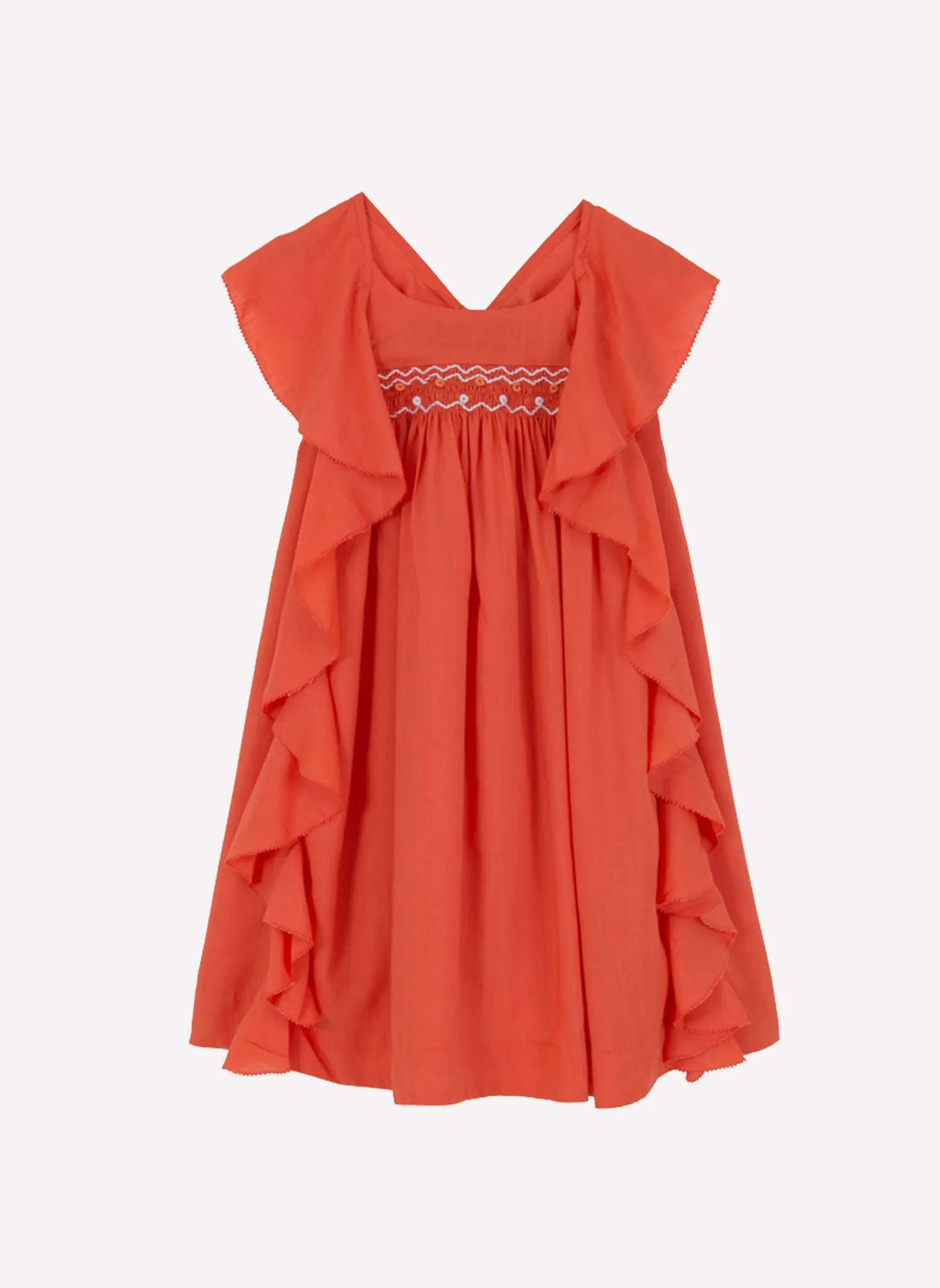 Velveteen Amber Butterfly Back Frill Dress in Tomato