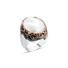 White Ellipse Mother of Pearl Stone Silver Men's Ring with Wavy Top Pattern Around