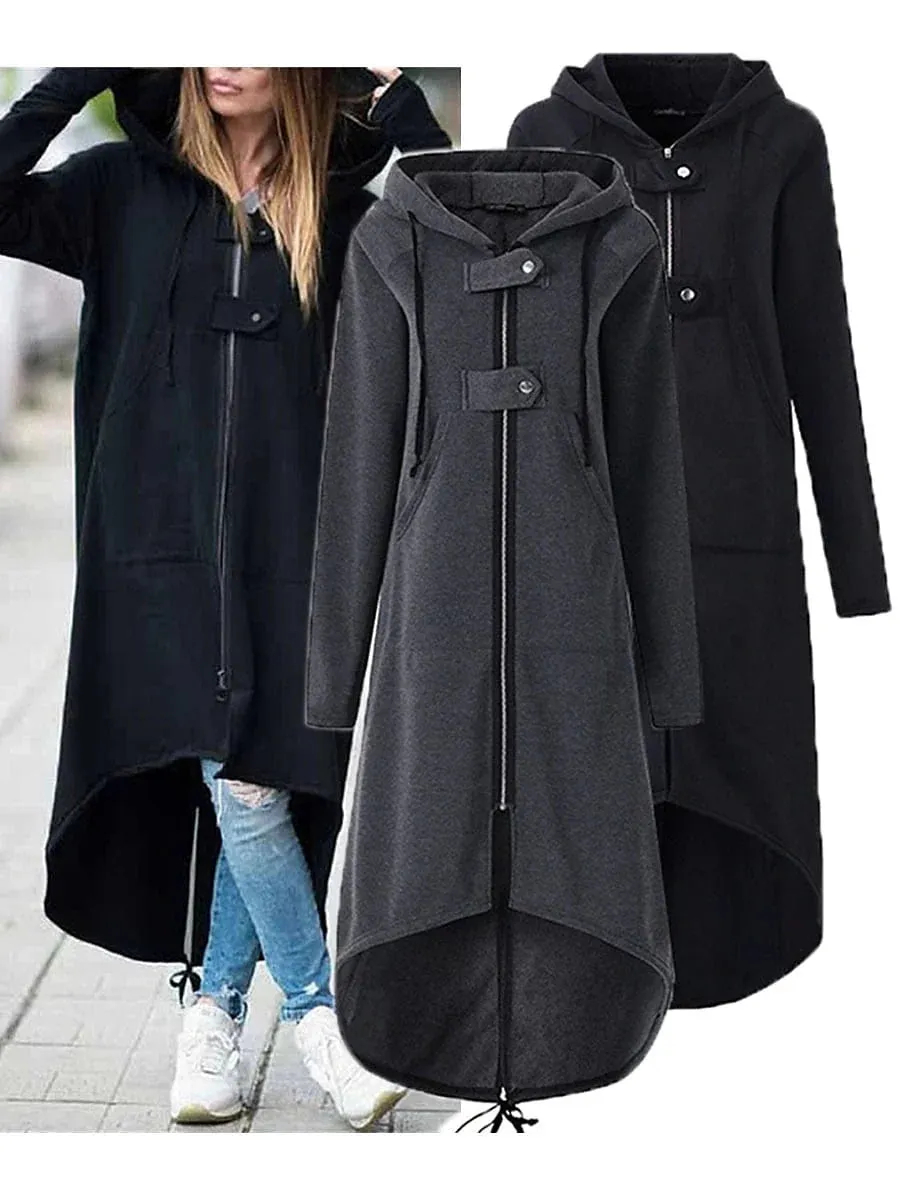 Women's Hooded Windproof Trench Coat with Zippered Pockets