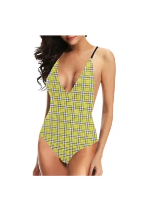 Yellow Plaid Sexy Lacing Backless One-Piece Swimsuit (Model S10)