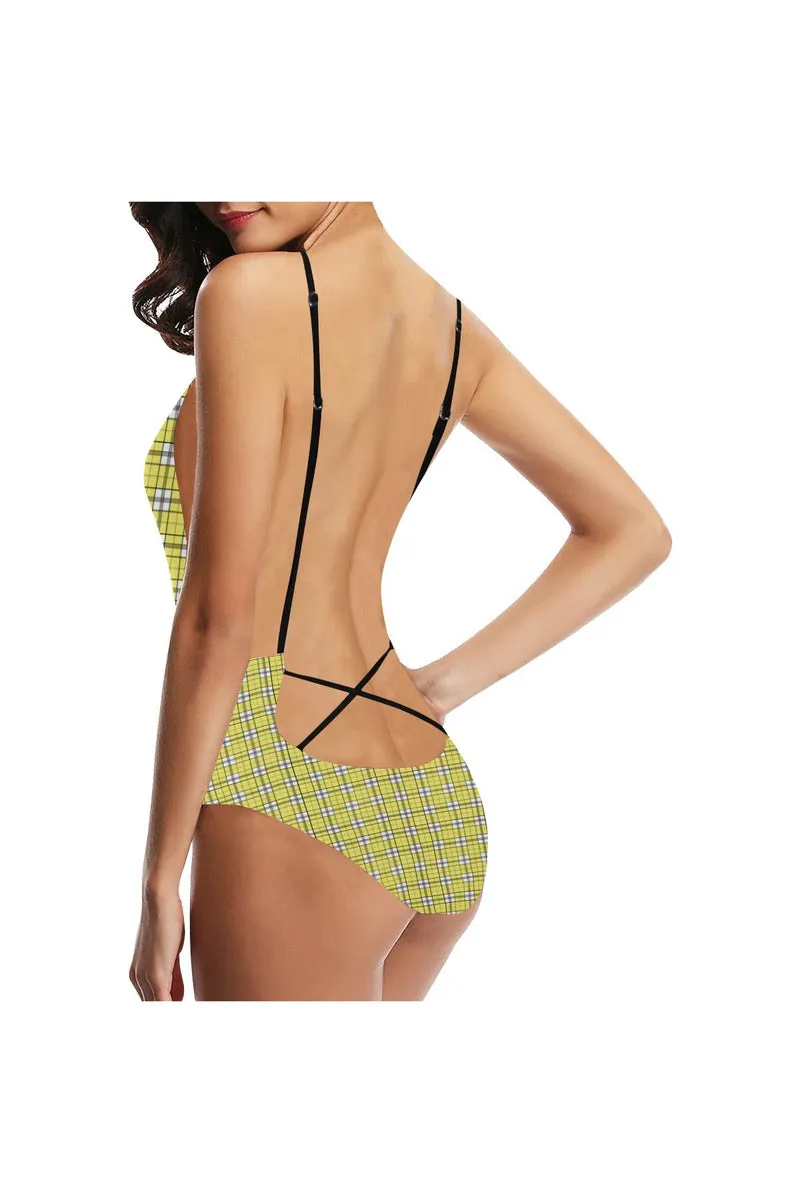 Yellow Plaid Sexy Lacing Backless One-Piece Swimsuit (Model S10)